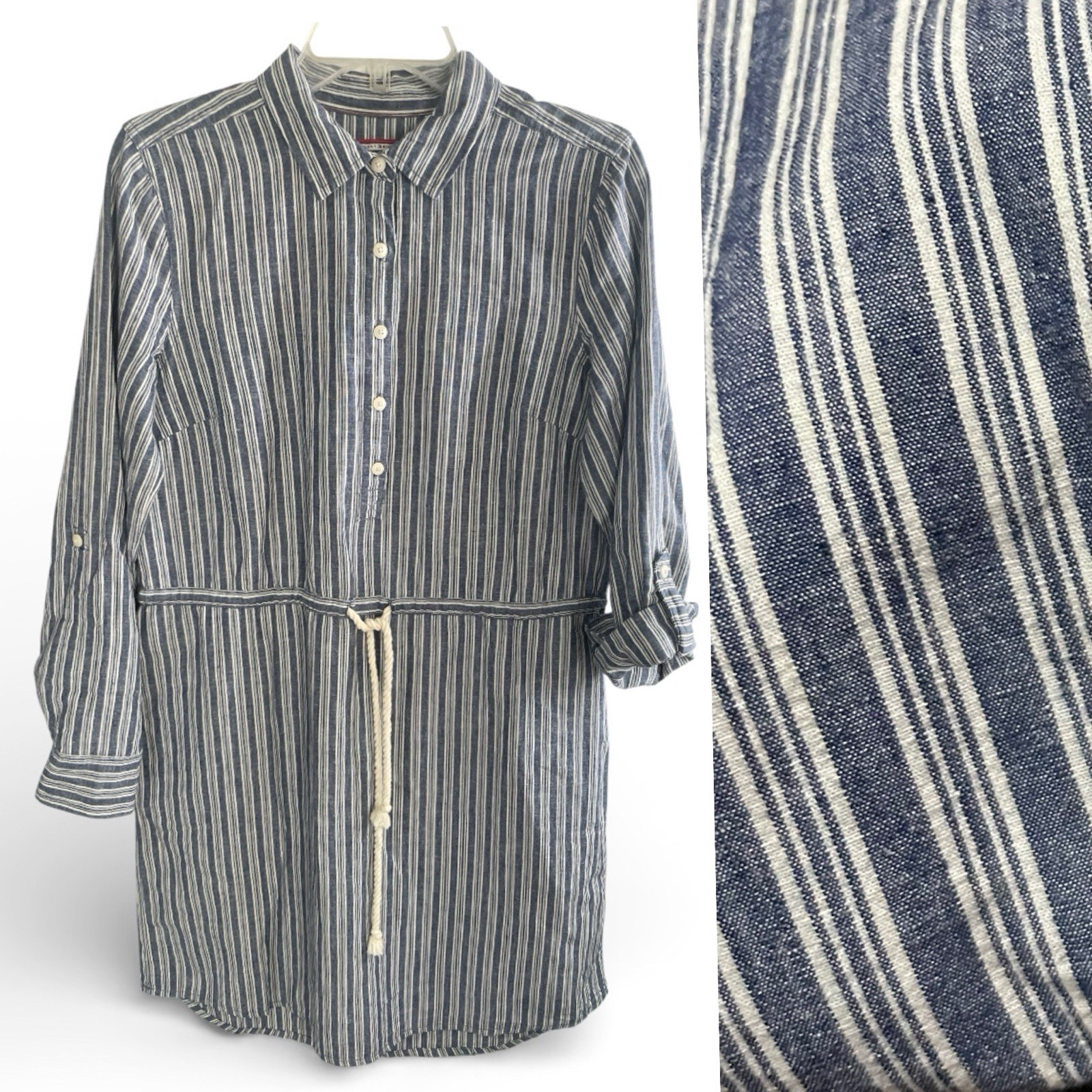 Shirt dress collared blue white stripe rope belt sailor preppy roll tab sleeve M
