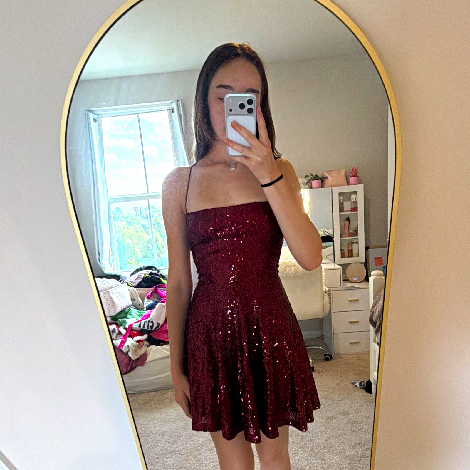 Burgundy Sequin Mini Dress Straight Neck Lace-Up Back Zip Lined Women’s S