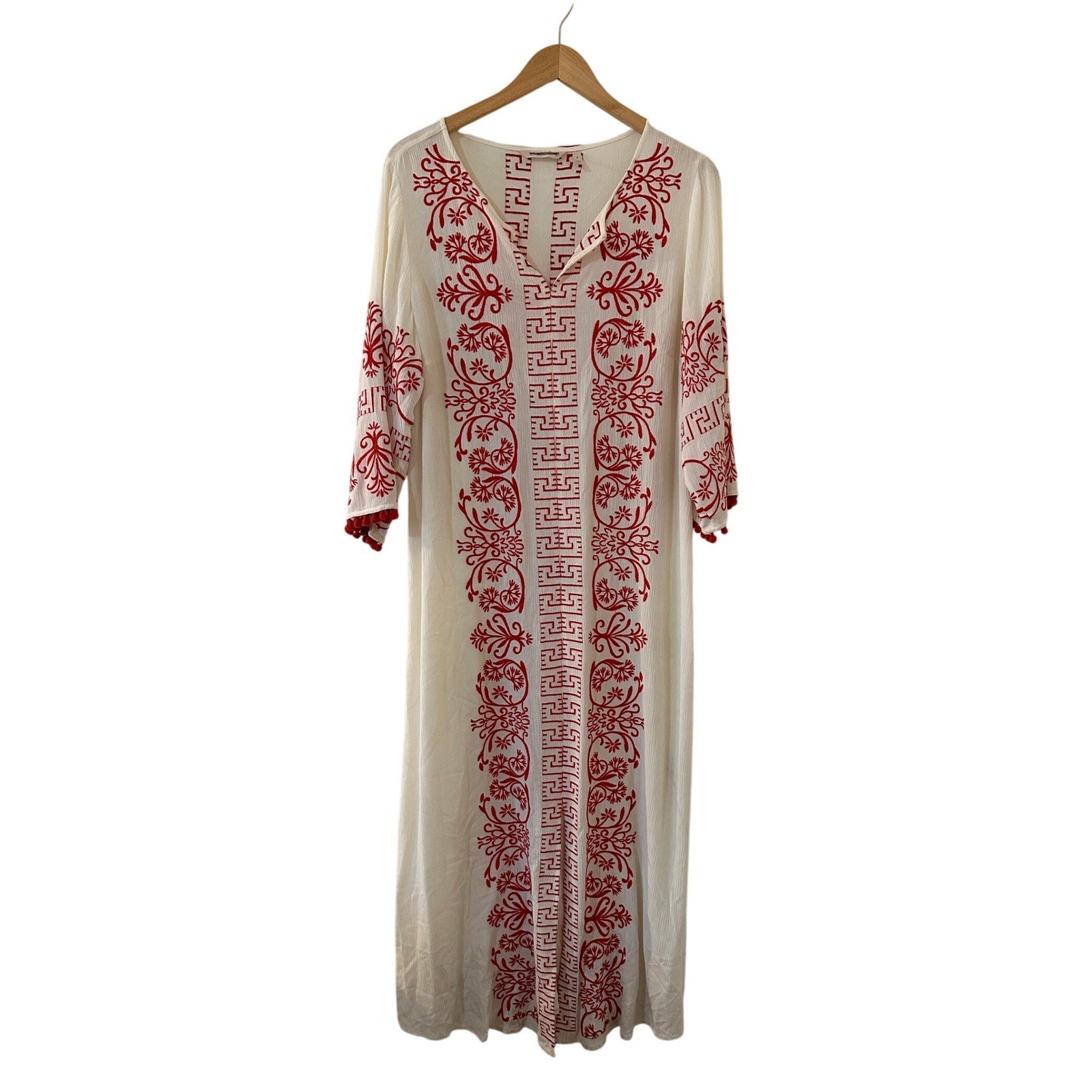 Soft Surroundings Women S Red White Embroidered Pom Pom Maxi Dress Boho Festival