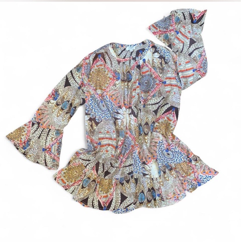 Umgee Bohemian Multicolor Printed Bell Sleeve Ruffle Hem Mini Dress Size M