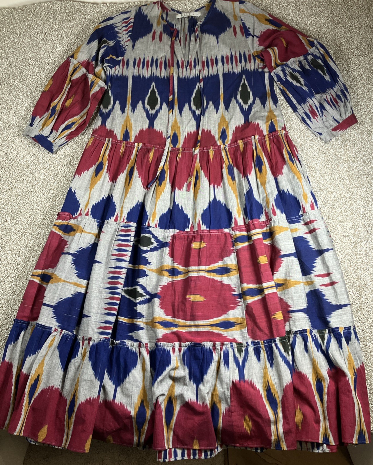 Kleed Long Aztec Pattern Tiered Maxi Dress Size Small w/ Pockets Southwestern