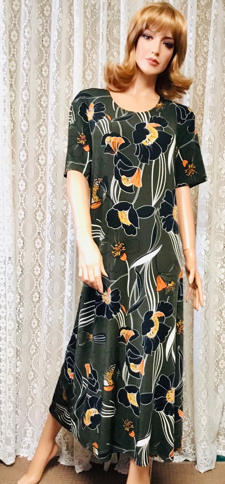 JOSTAR LONG DRESS Poly Spandex Slinky Knit TRAVEL OLIVE FLORAL S M L XL 2X 3X