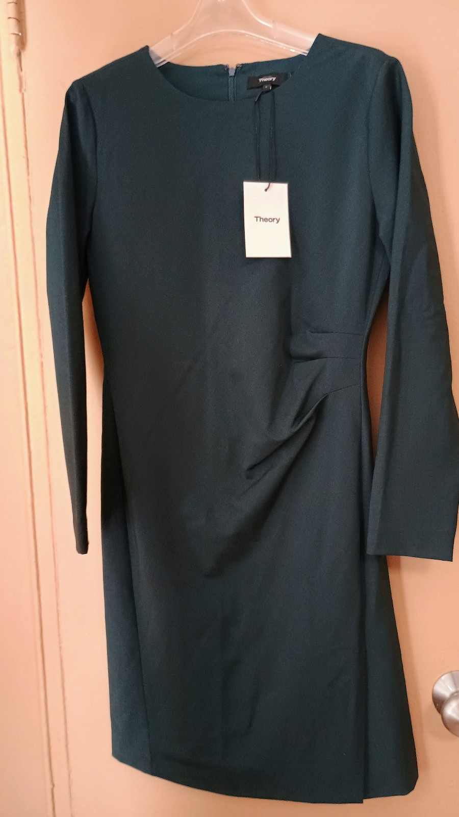 $448 NWT Theory Stretch Wool Long Sleeve Dark Green Sheath Any Occasion Dress 4
