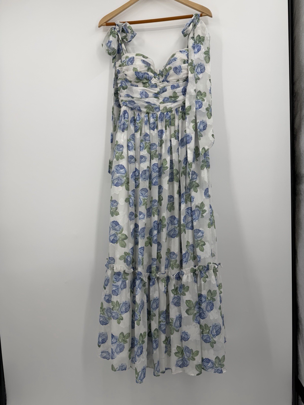 Mable Blue Rose Floral Maxi Dress Size L Tie Shoulder Ruched Bust Tiered Skirt