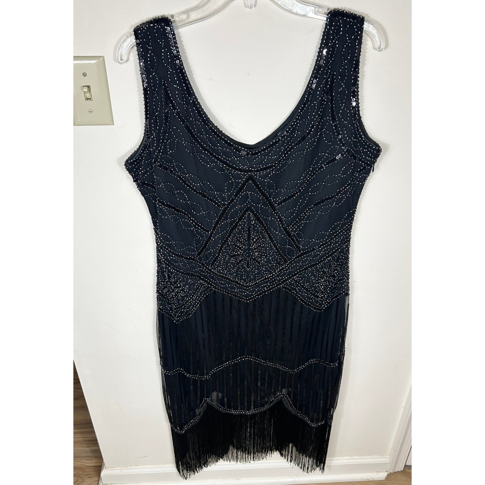 RO ROX Flapper Dress Sz 2XL Black Beaded Sequin Fringe Gatsby VTG 20s Style