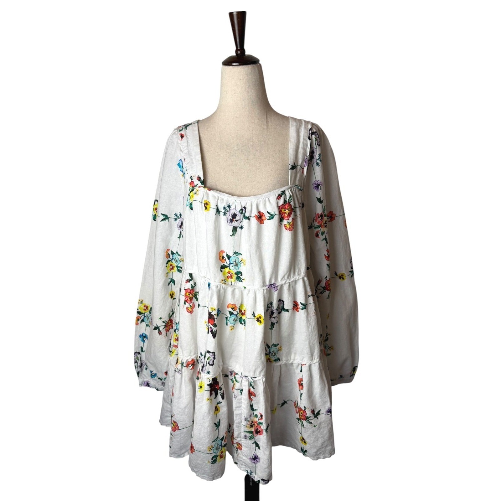 Sancia Arlette Dress Women Medium White Floral Linen Cotton Boho Cottagecore