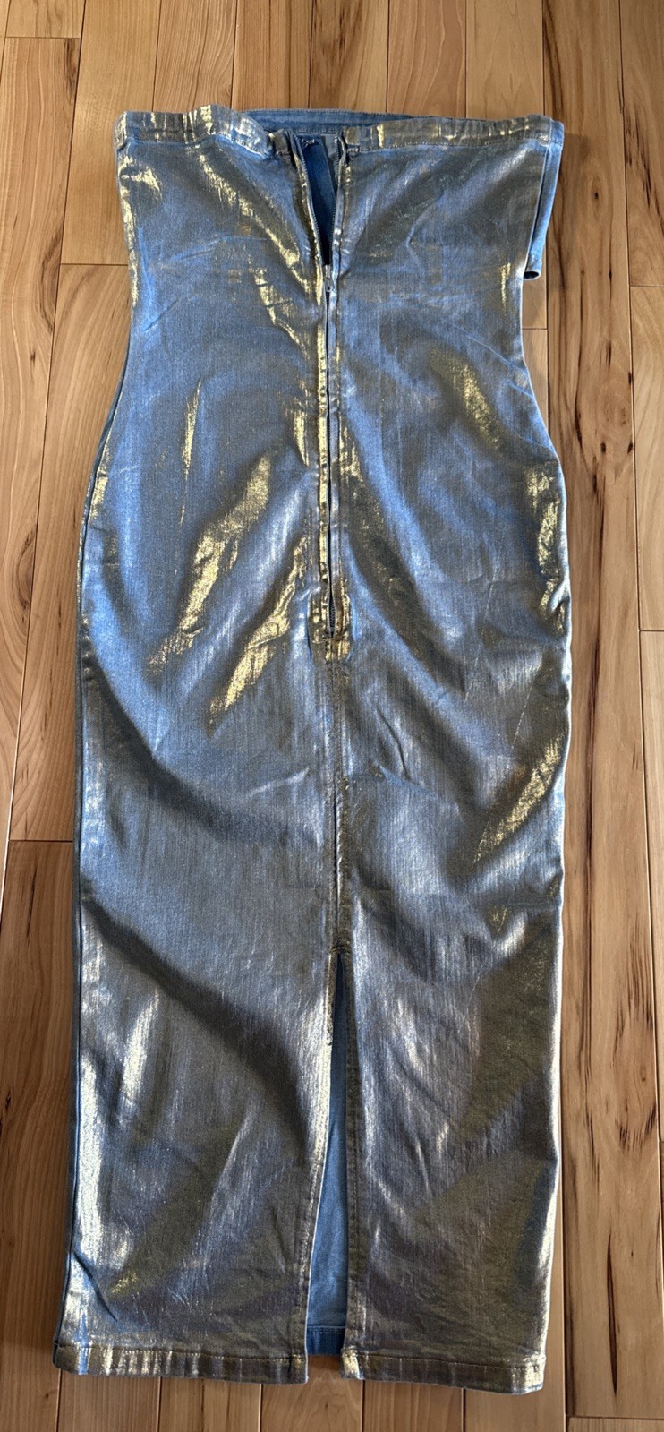 AKIRA Label Im Gold Denim Coated Midi Dress Back Zip Women’s Size L Multi