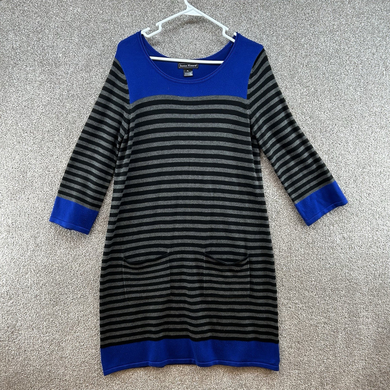Jessica Howard Women’s Dress Size Large Petite Blue Gray Black Striped Long