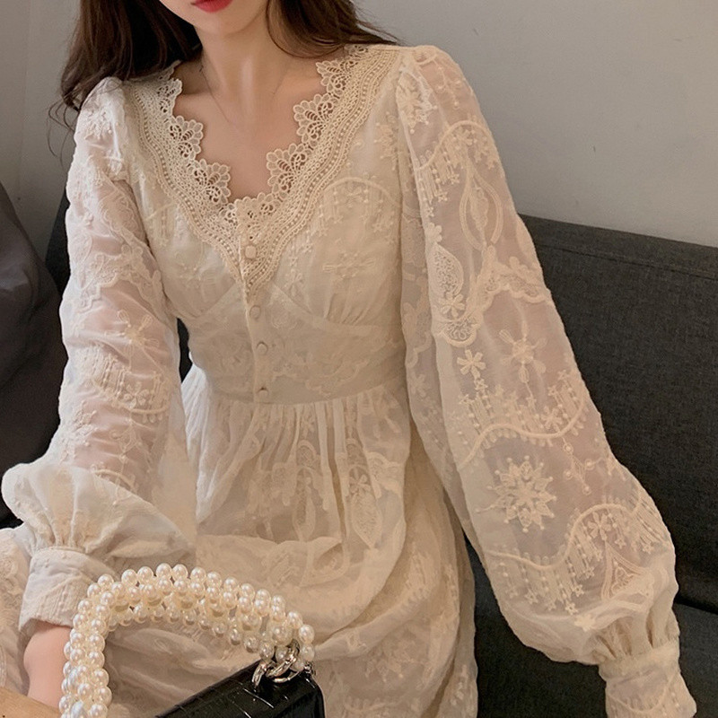 Women Embroidered Lace Tea Dress Midi Long Puff Sleeve Floral Sweet Cottagecore