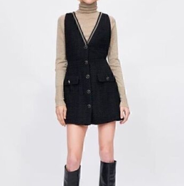 ZARA Pinafore Overall Jumpsuit Mini Dress Black Tweed Dark Acadamia Whimsgoth XS