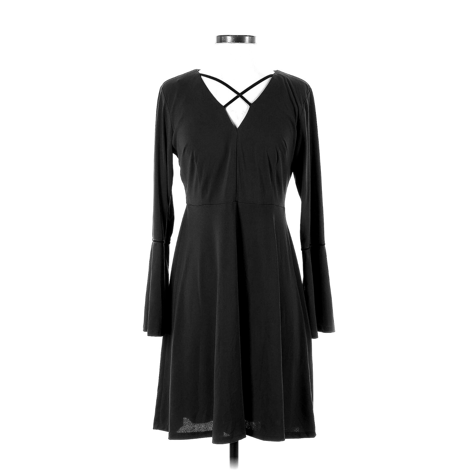 Size 14 Black Criss-Cross Bell Sleeve Skater Dress Day/Evening All-Season Party