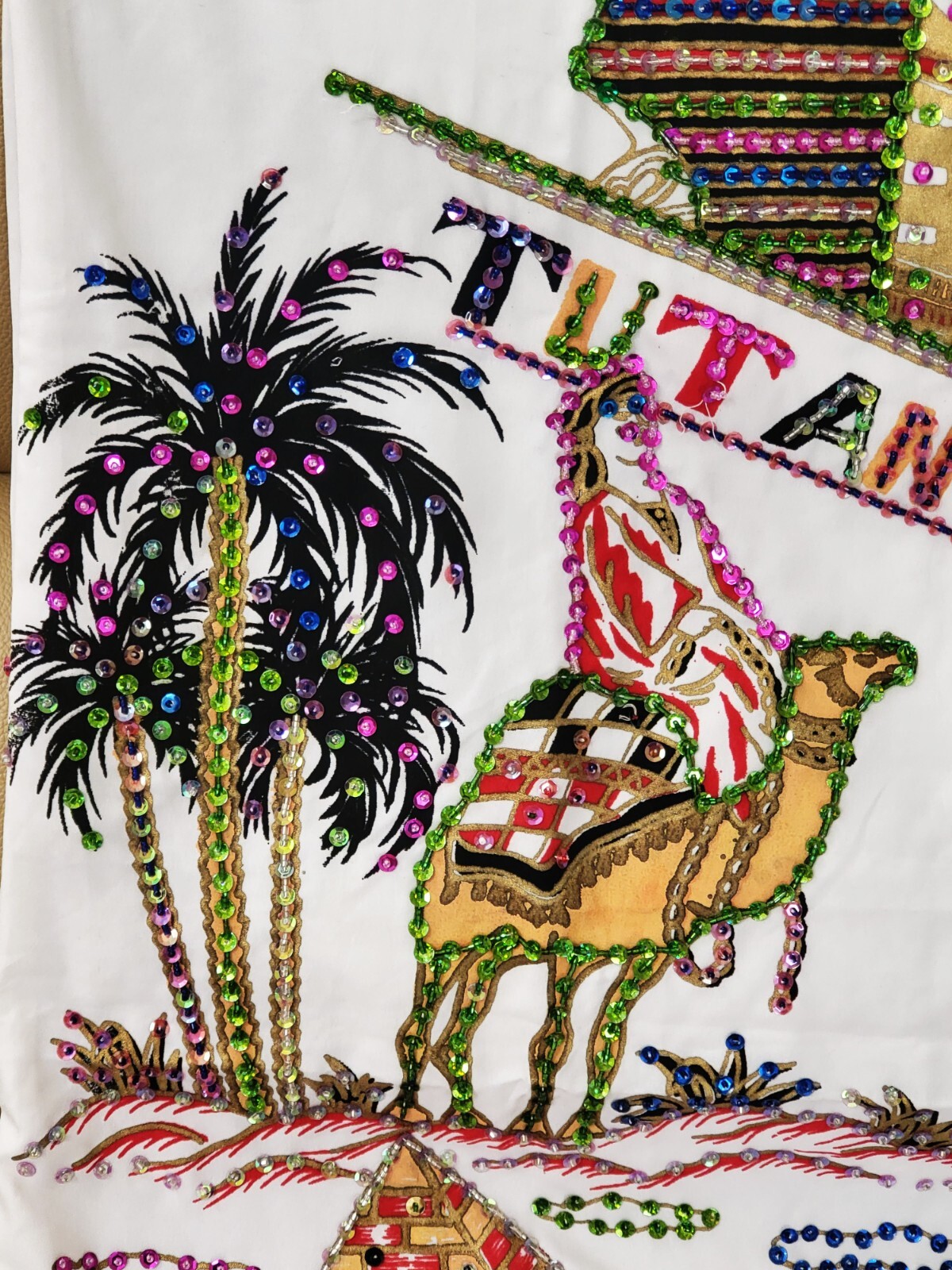 Handmade Egyptian Beaded Sequins Tut Ankh Amon White Kaftan Dress Galabia M. L.