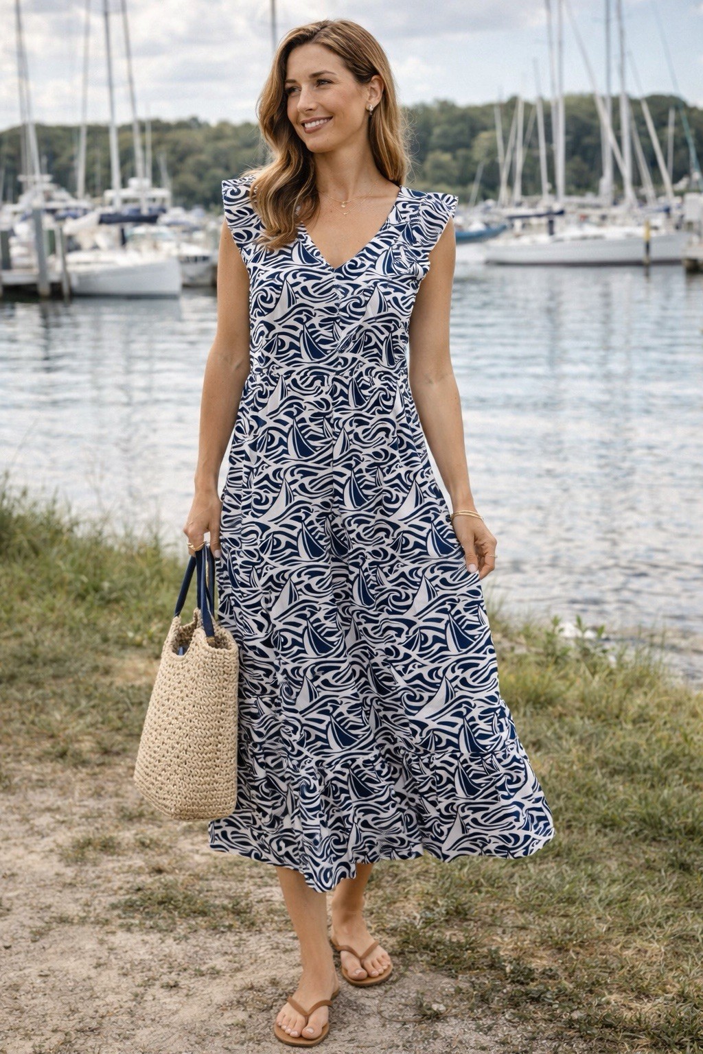 Vineyard Vines Target Dress Small Navy White Cotton Ruffle Tiered Sundress