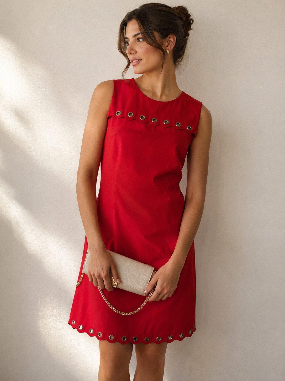 J.Crew Red Sheath Dress Sleeveless Grommet Hem Scalloped Career Size 4