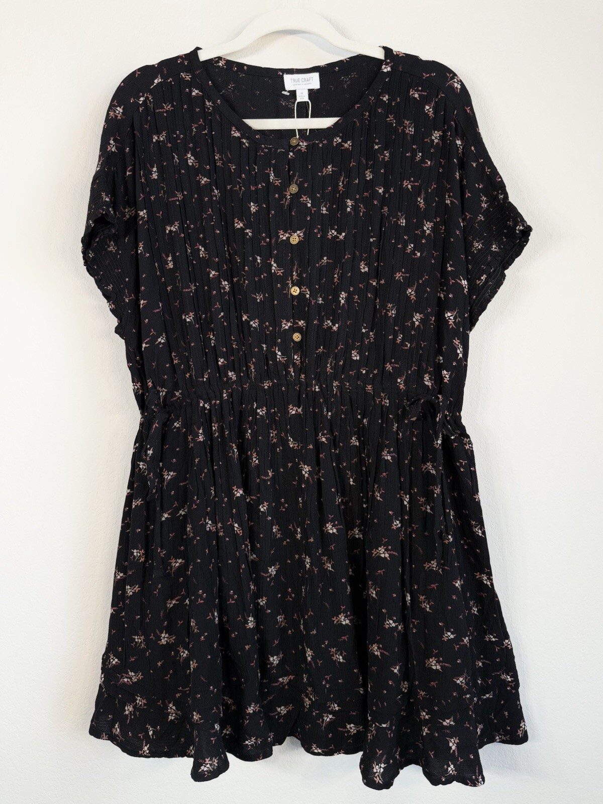 True Craft Dress Women M Black Floral Print High Waist Ruffled Boho Babydoll NWT