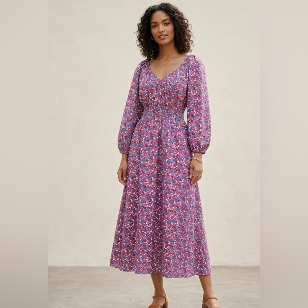 J. Crew Cotton Smocked V-Neck Waist Midi Dress‎ in Berry Floral