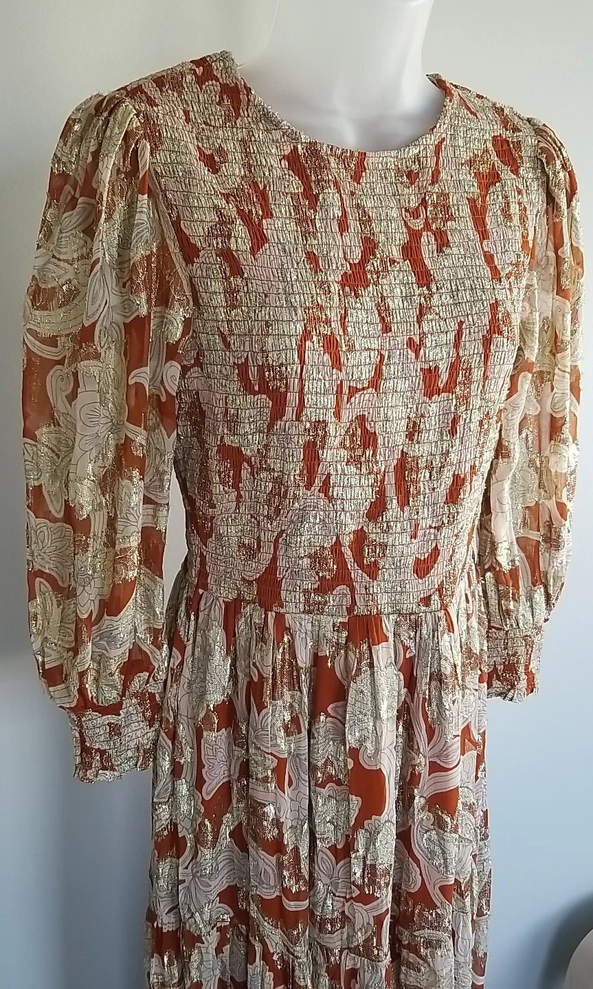 Boden Smocked Jacquard Maxi Dress Rust Copper Paisley Gold Metallic US 8 EUC