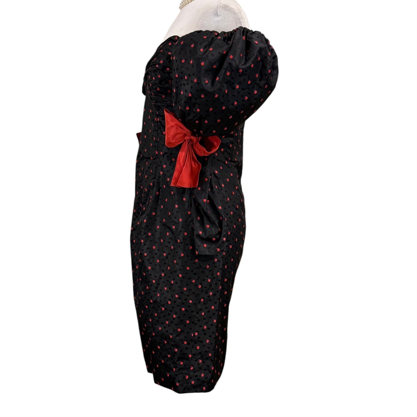 Vintage 80s Isabelle Allard Paris Puff Sleeve Silk Cocktail Dress Black Red Bow