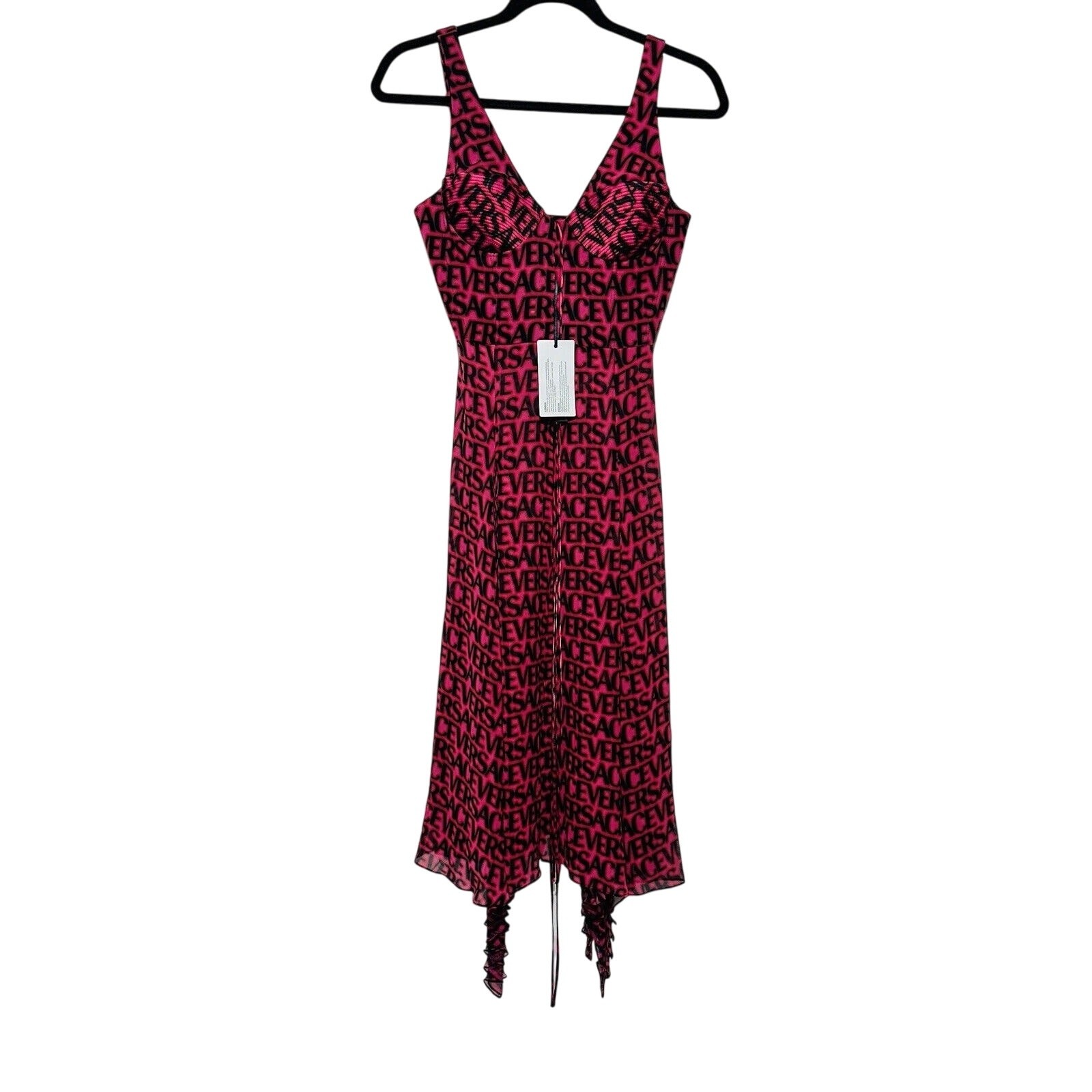 NWT Versace Runway Plisse Silk Dress IT 38 US 2 All Over Logo Red Black $5,425