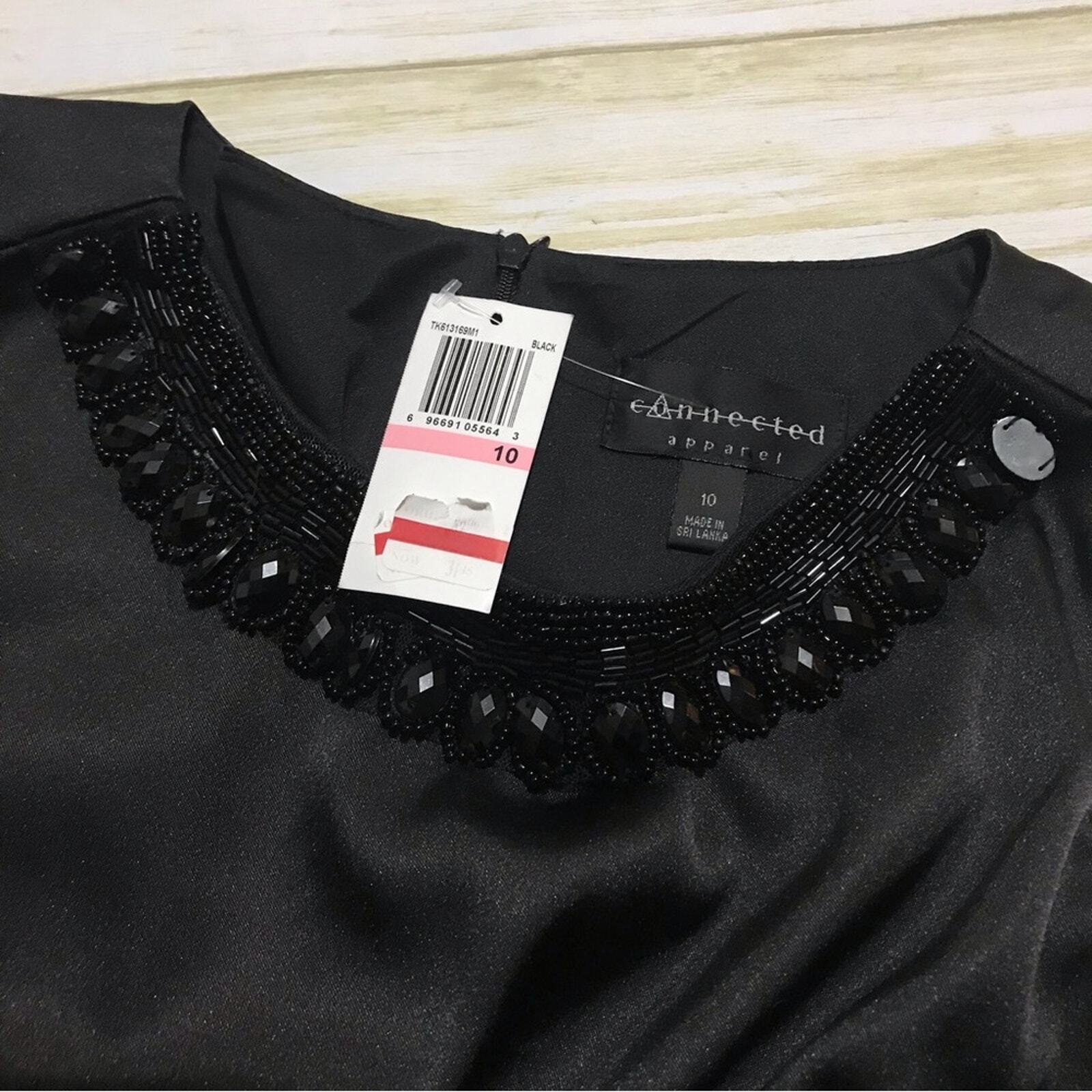 Connected Apparel NWT Black Satin Beaded Ruffle Formal Cocktail Evening Dress 10