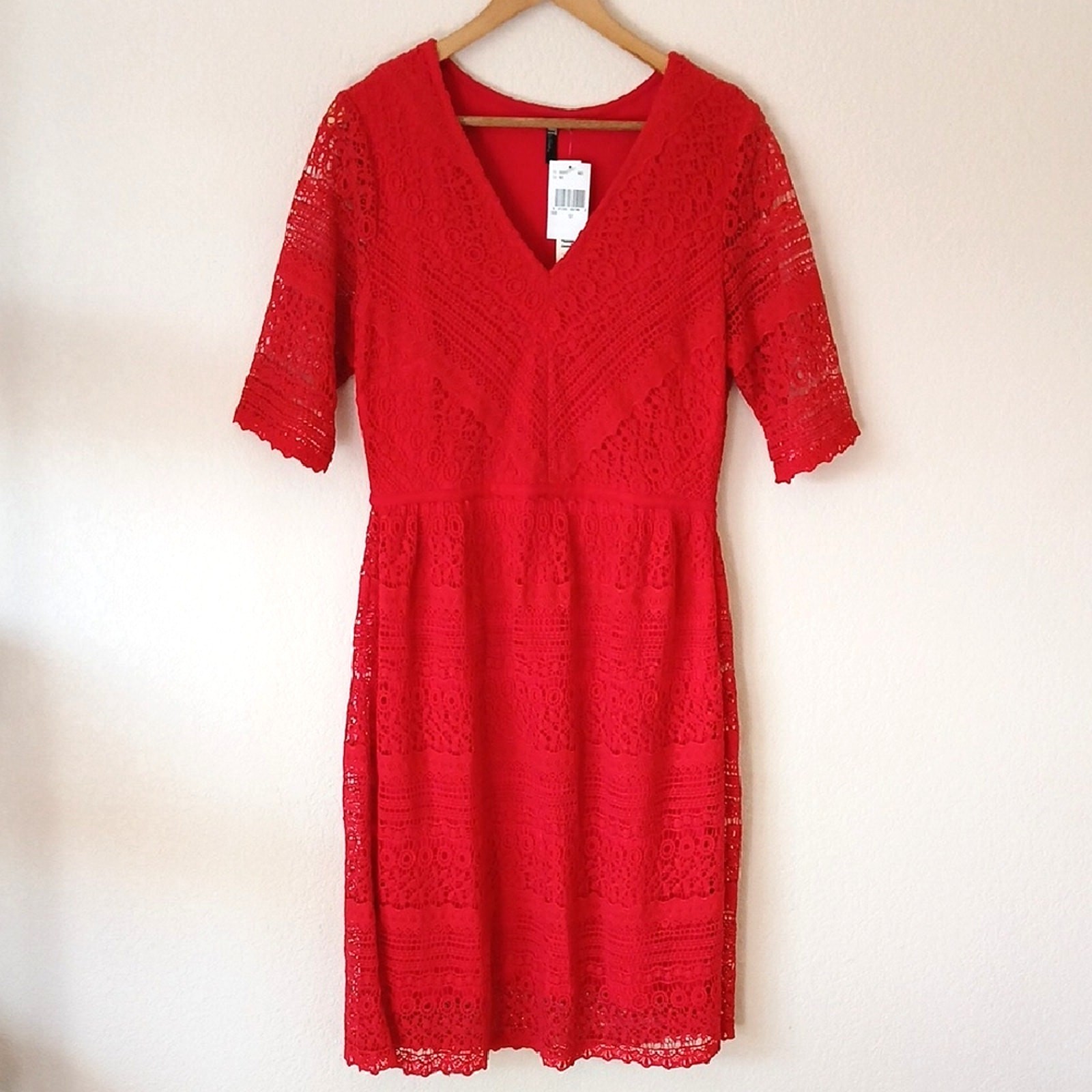 KUT From The Kloth Red Crochet Lace V-neck Midi Dress