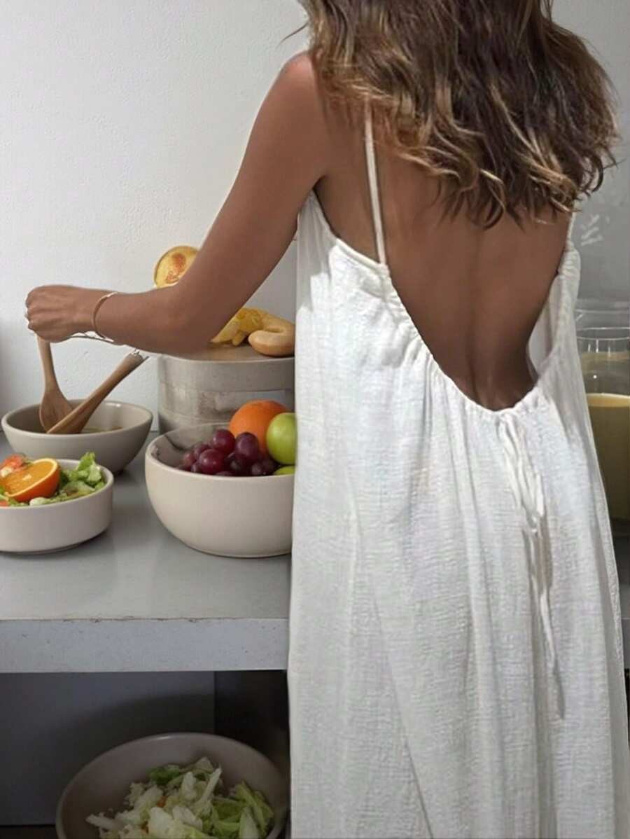 Spaghetti Strap Dress Side Pockets Backless Slit Hem Casual Cami Maxi Long