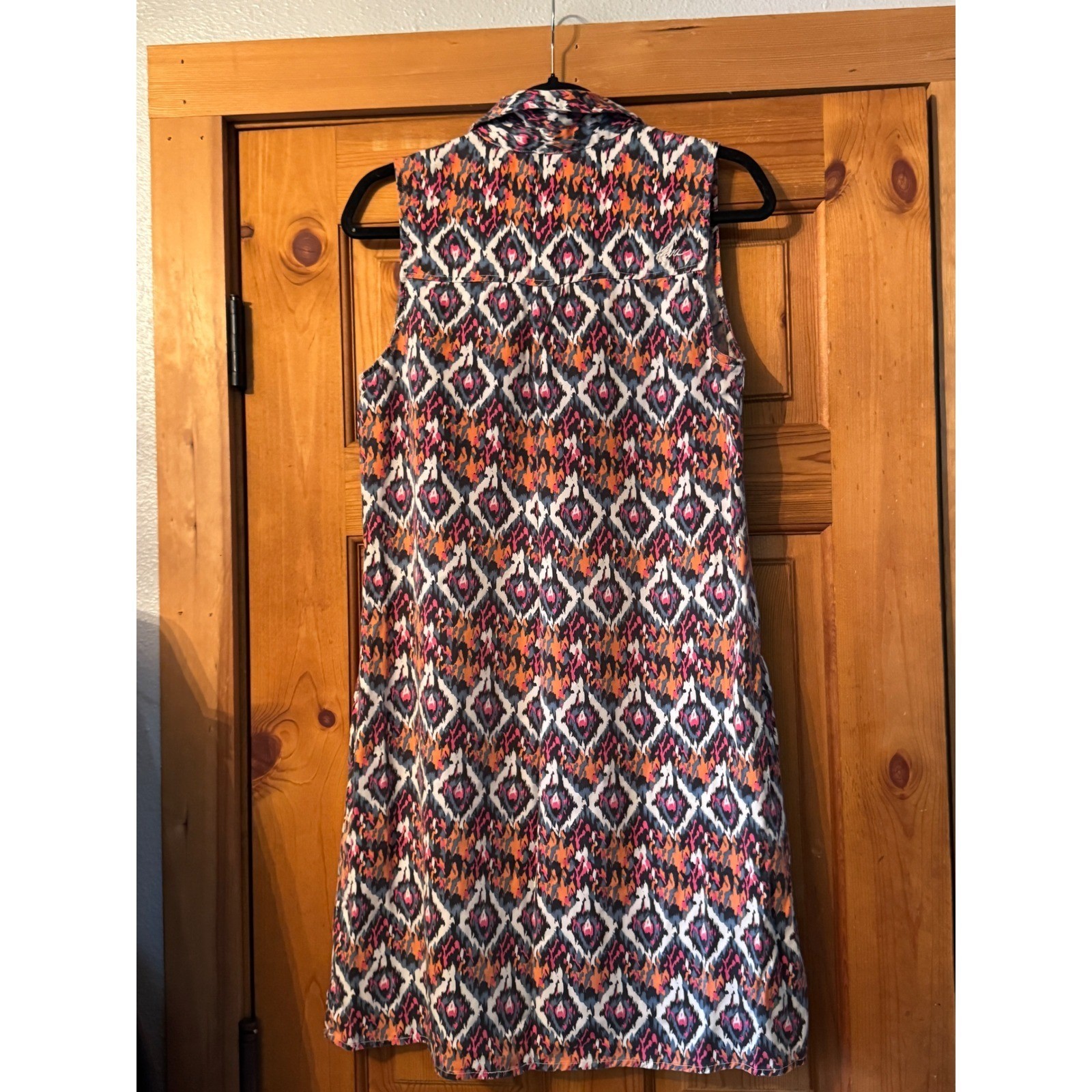 KAVU Sleeveless Ikat Diamond Print Shift Dress Blue Pink Orange Size M Pocket