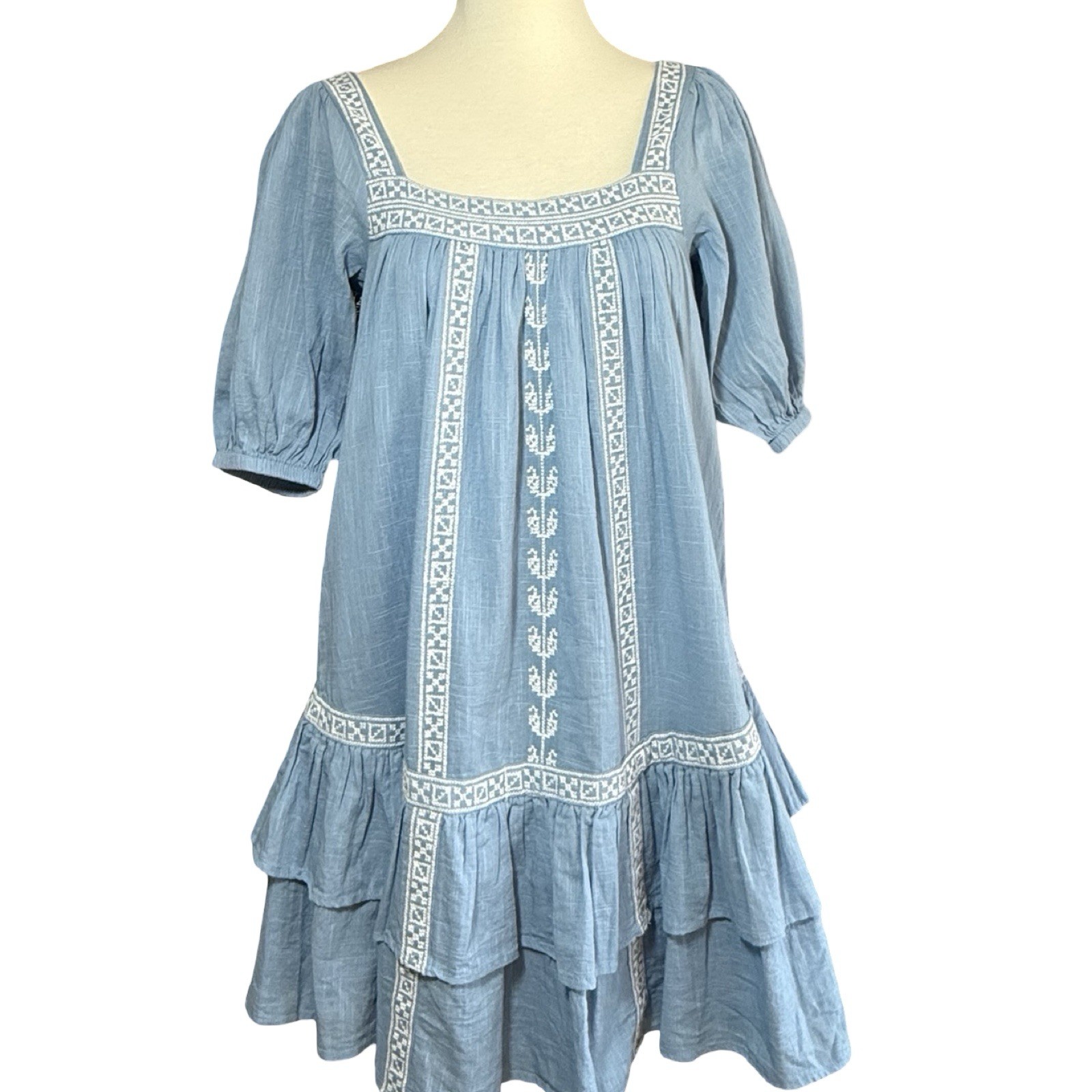 NWT $178 Shore Square Neck Embroidered Babydoll Dress Size XS Blue