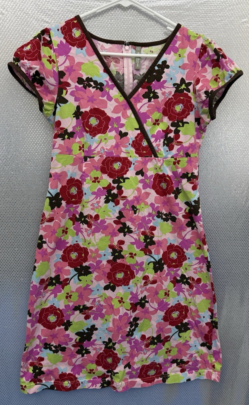 Hanna Andersson Dress Womens Sz M Pink Floral Print V Neck Fit Flare Faux Wrap