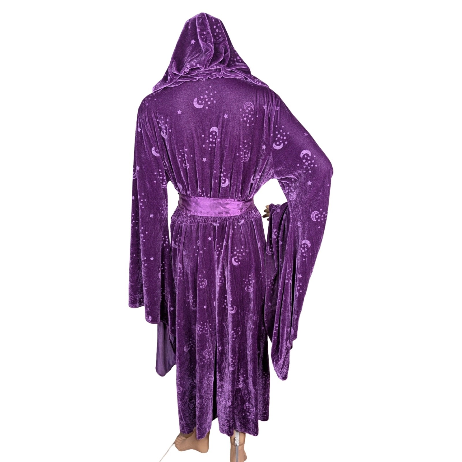 Purple Velvet Celestial Stars Moons Hooded Robe Witch Wizard Maxi Dress SZ L/XL