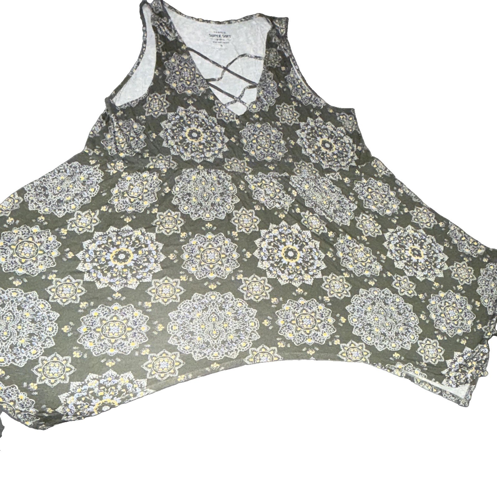Torrid Super Soft Knit Dress Size 4 Olive Medallion Print Lattice Back