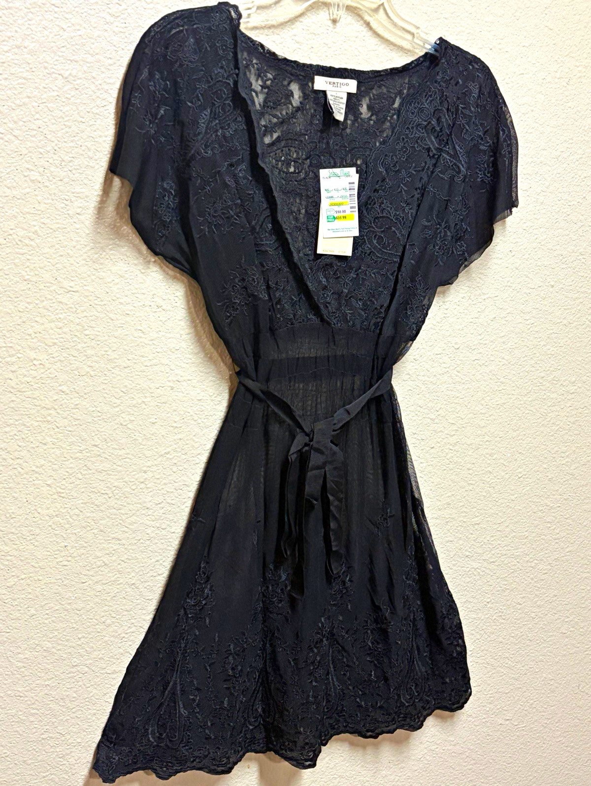 Vertigo Paris Black Floral Lace Sheer V-Neck A-Line Tie Knee Dress L VT30686