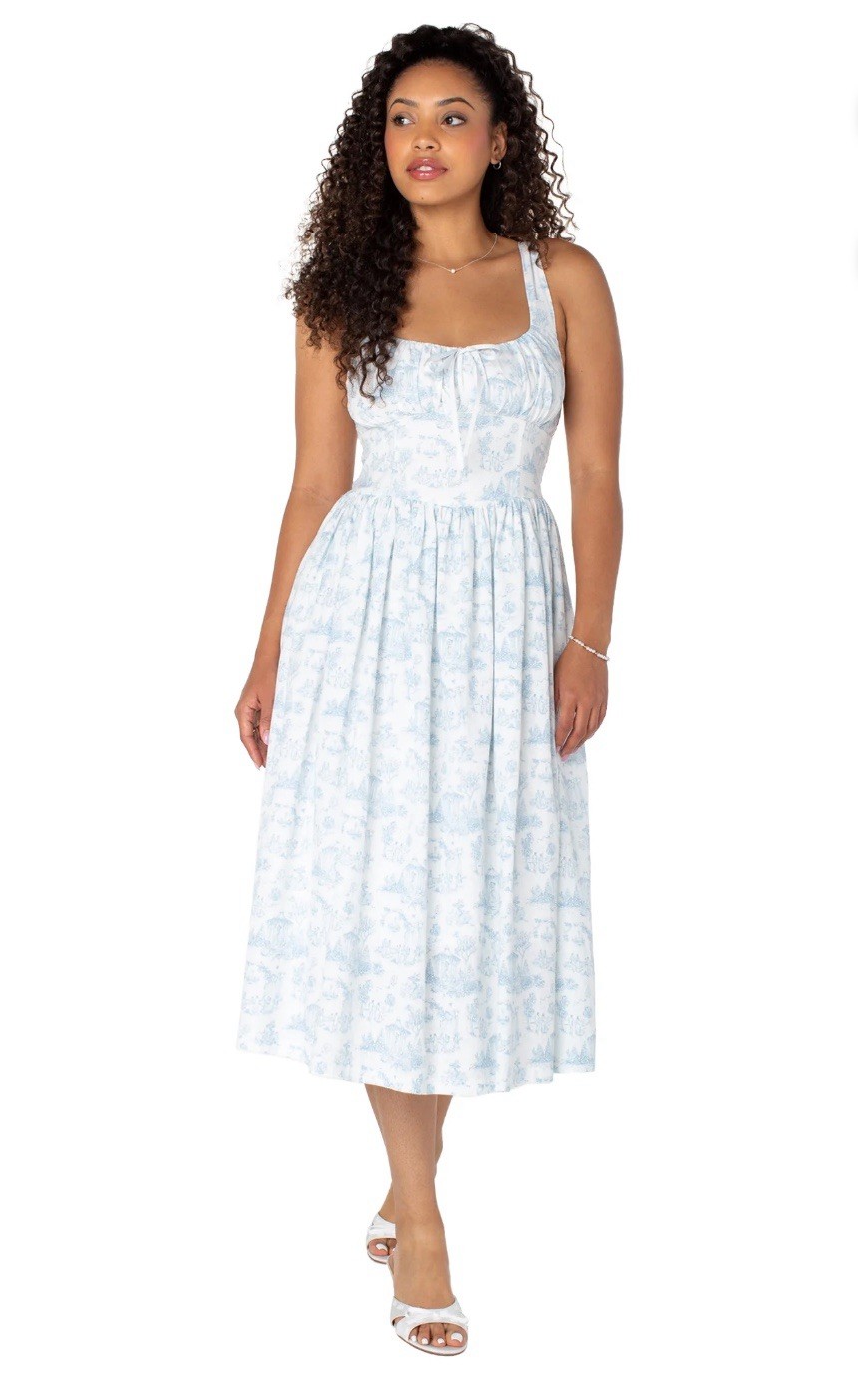 NWT Bridgerton Celebrity Pink Womens Basque Blue Toile Midi Dress Size M
