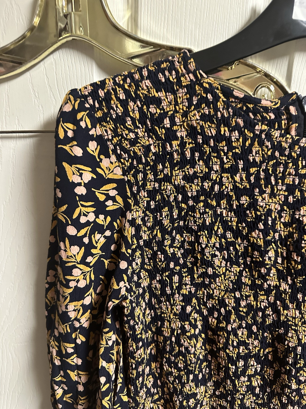 French Connection Floral Smocked Dress Tunic Black Gold Pink Baby Doll XL 16