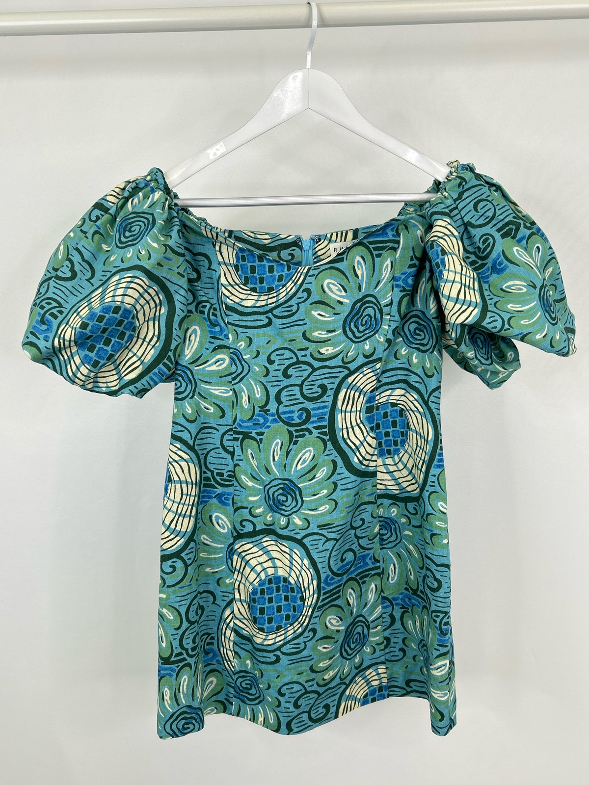 Rhode Dali Aquatic Bloom Mini Puff Linen Size 4 Blue & Green Women Dress