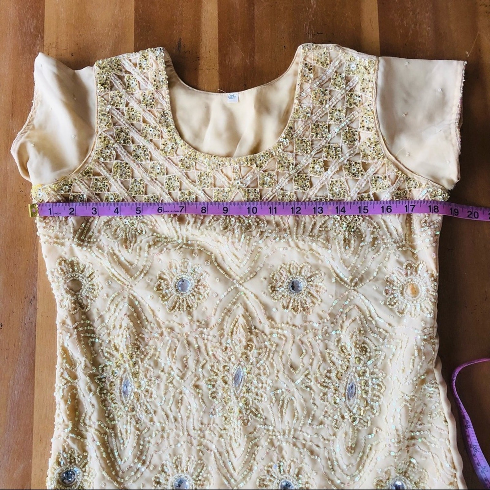 Vintage Yellow ButterCup Sequin Beaded Tunic Top Indian Dress Rhinestones Fancy