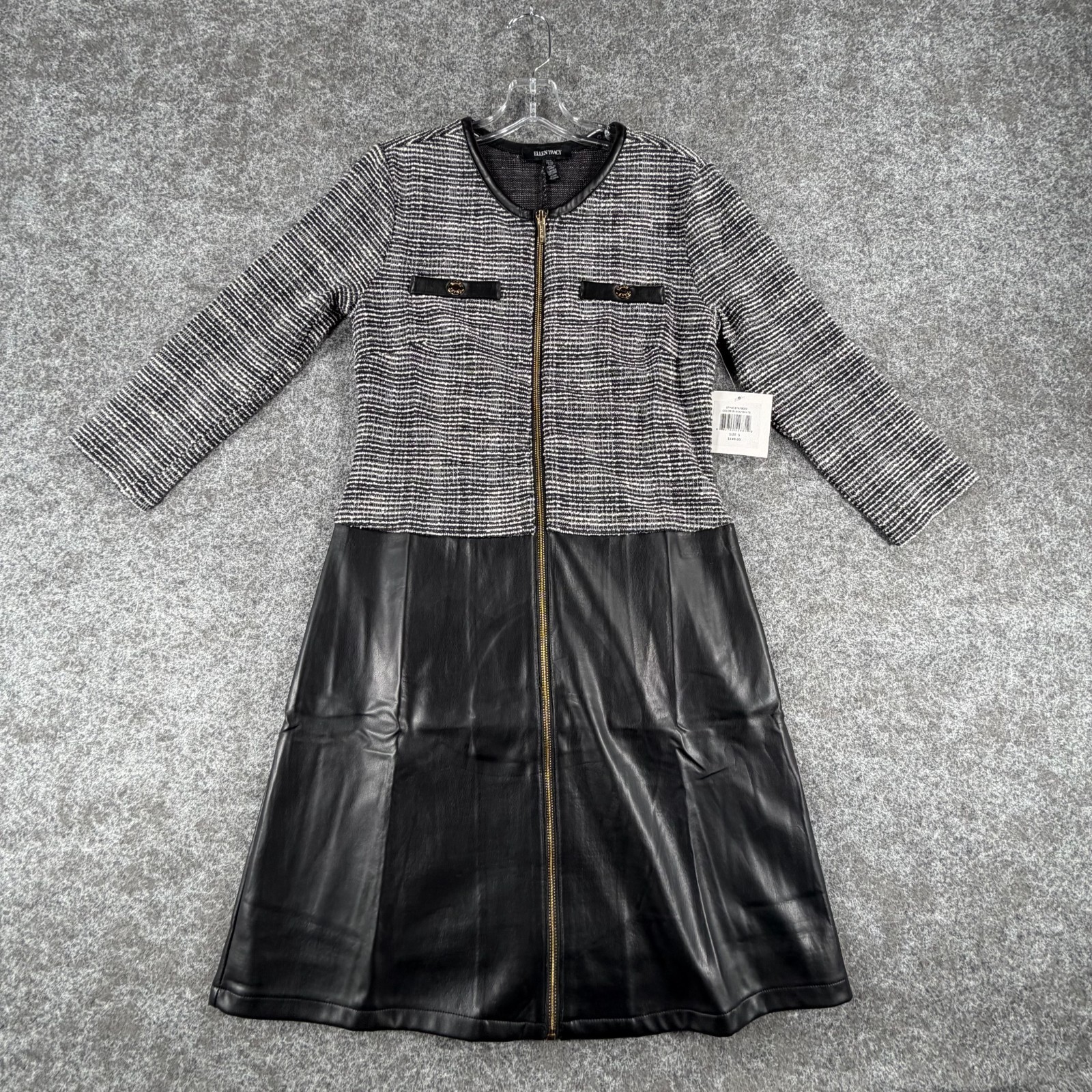 Ellen Tracy Shift Dress Womens S Black White Stretch Jacquard Knit Faux Leather