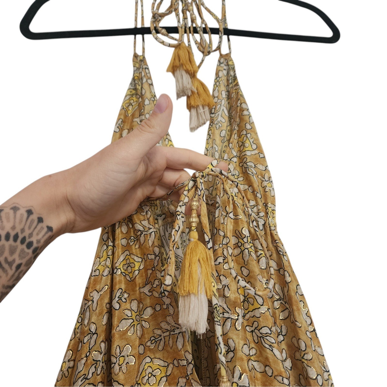 Short Yellow Gold Floral Halter Sun Dress Boho Tassel One Size