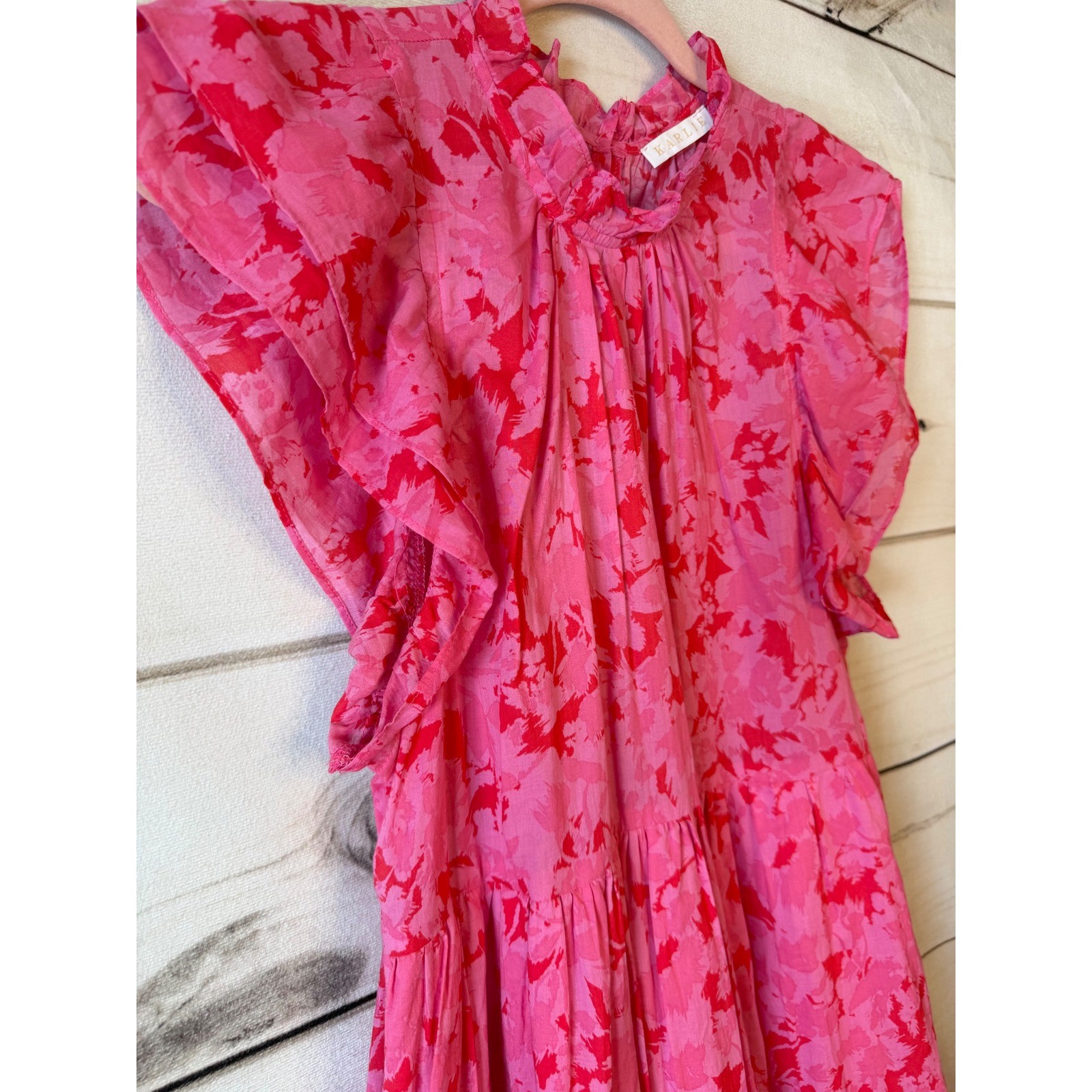 Karlie Pink Red Floral Tiered Flutter Sleeve Mini Dress K2104-144LDH-C Womens L