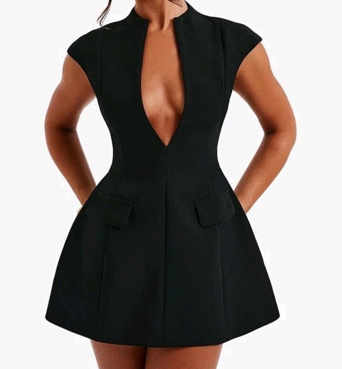 Women Summer Sexy Cap Sleeve Deep V Neck Zipper A-line Mini Dress Bodycon XL