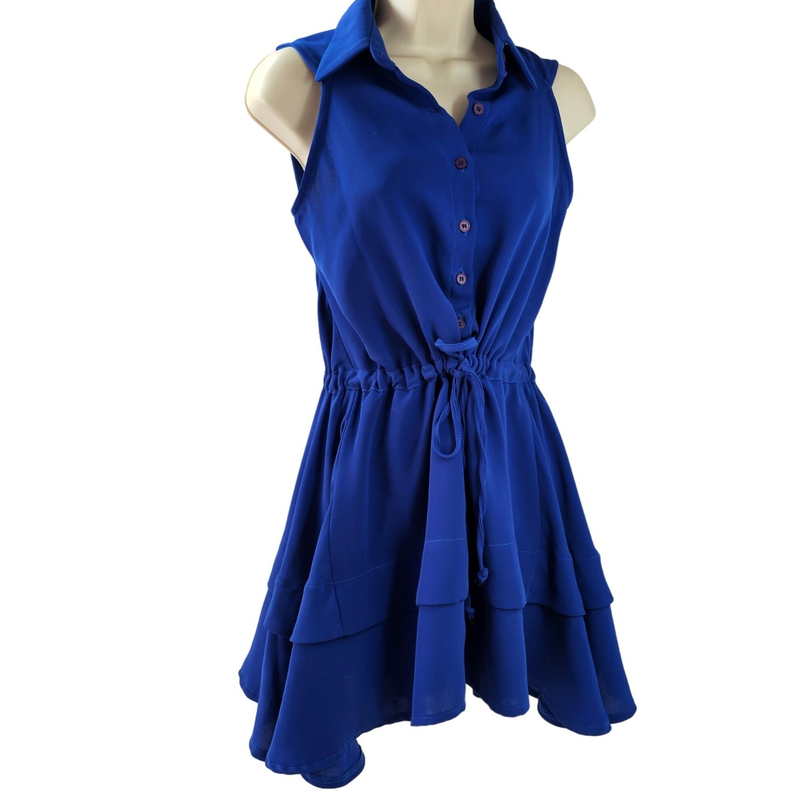 Nadia Sleeveless Blue Drawstring Tunic Mini Dress Womens 4 Button Front