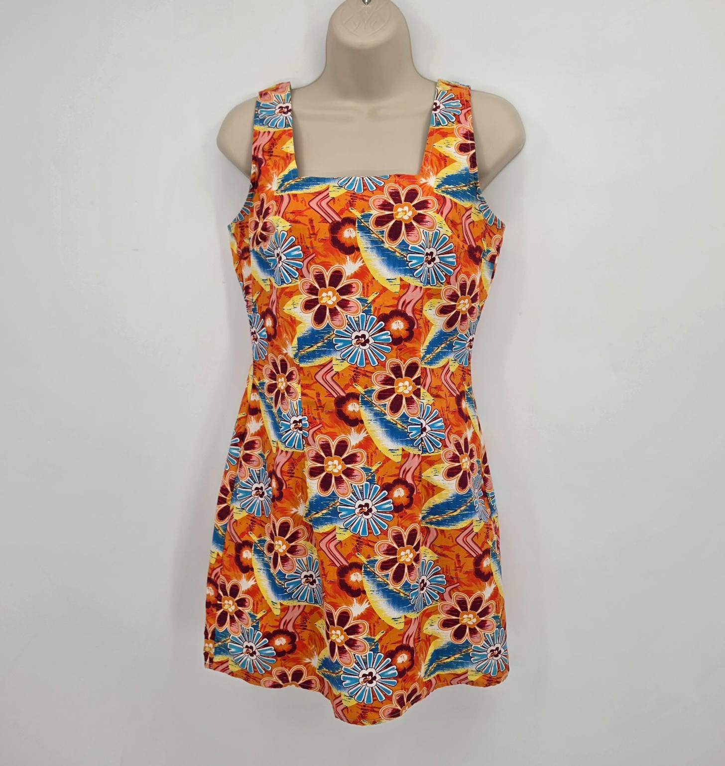 Y2K SIDEOUT Tropical Floral Dress Size 5 Orange Mini Stretch Hawaiian Vintage