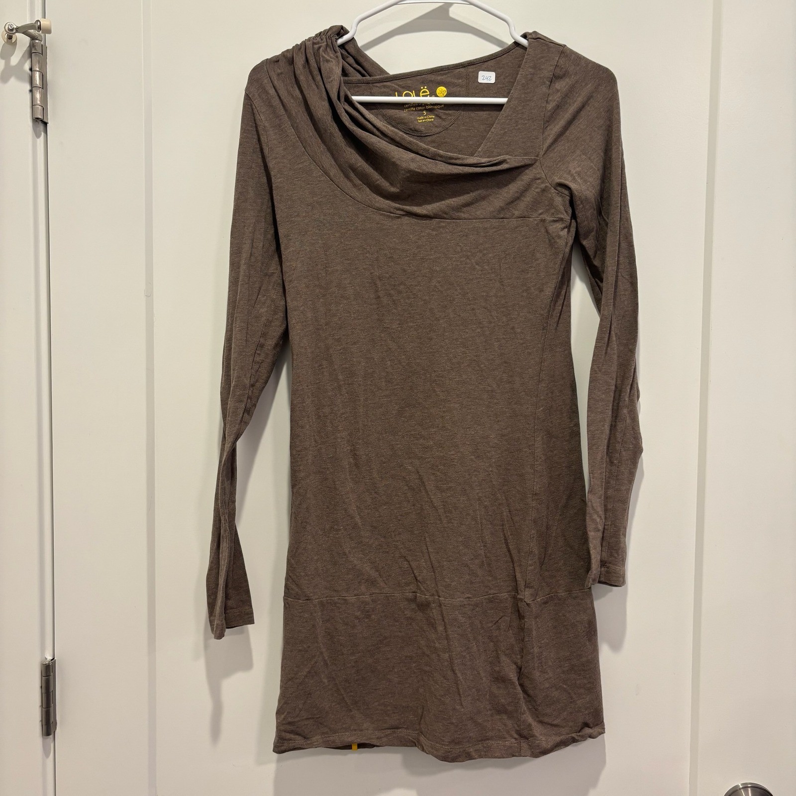 Lole Organic Cotton Long Sleeve Draped Cowl Neck Tunic Mini Dress Brown Small