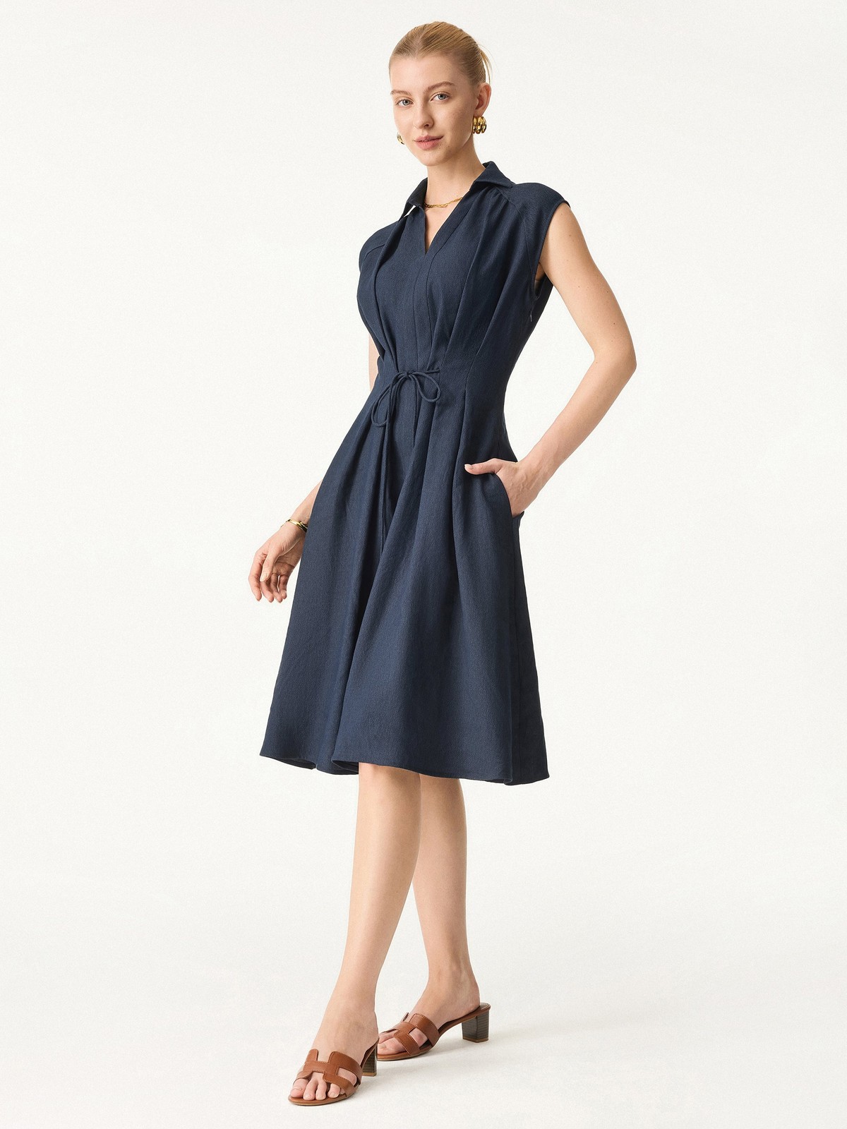OGL Viscose Linen Collared V Neck Midi Dress Drawstring Waist Summer