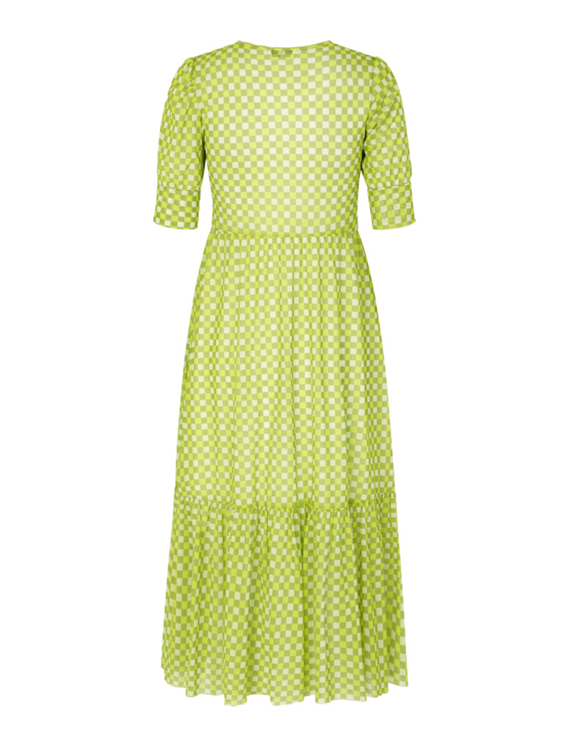 BAUM UND PFERDGARTEN Jocelyn Puff Sleeve Midi Tiered Mesh Green Check Sulphur XS