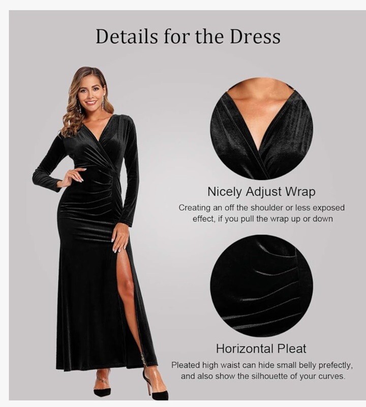 Ababalaya M Black Velvet Wrap Party Dress Long Sleeve VNeck Maxi Slit