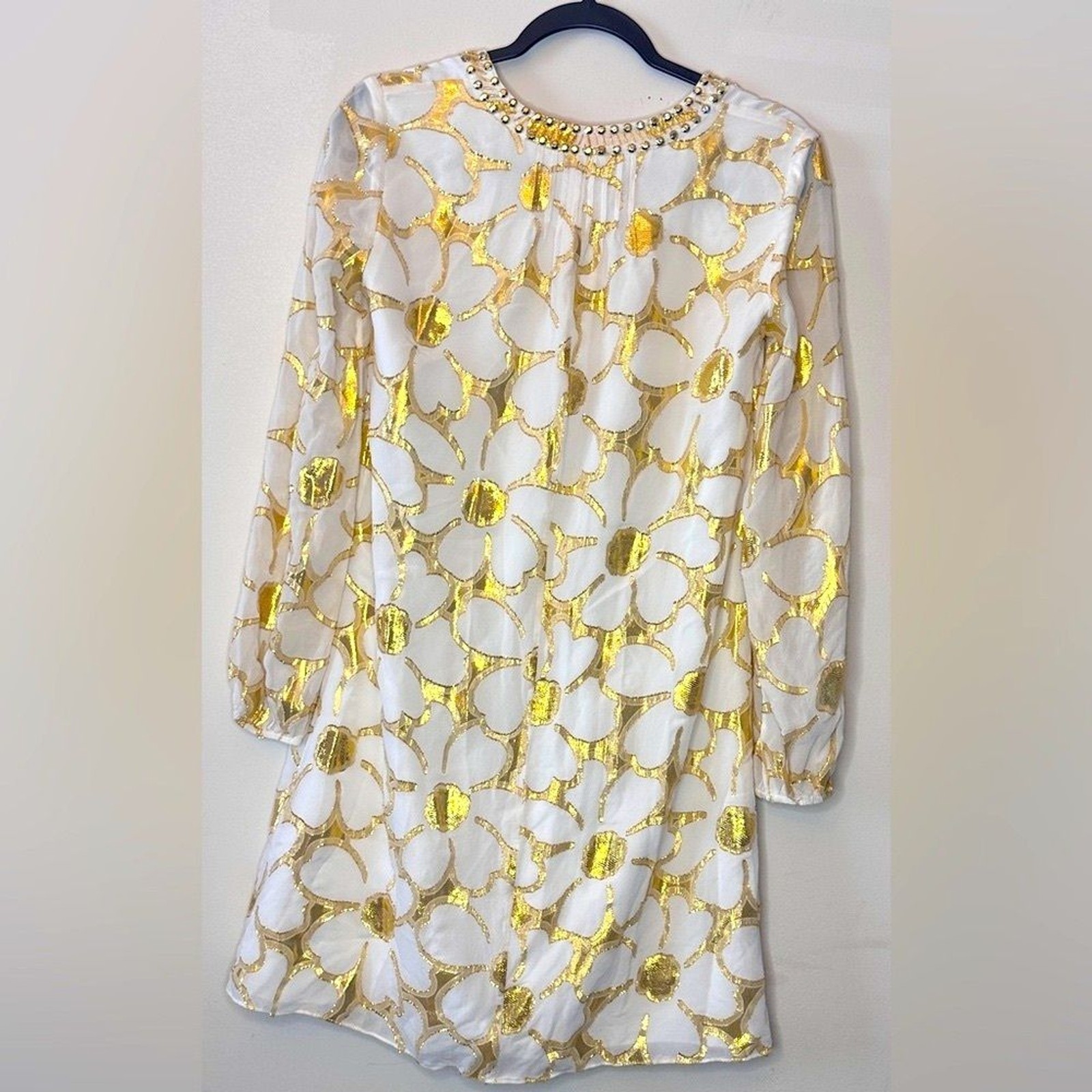 Lilly Pulitzer Silk Long Sleeve Mini Dress, Gold White, Size 2 Small