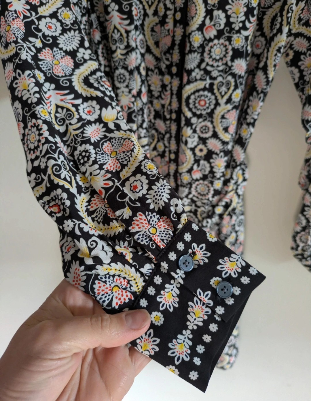Boden UK 8 Paisley Coloured Mini Shirt Dress Floral Tie Waist Long Sleeve Black