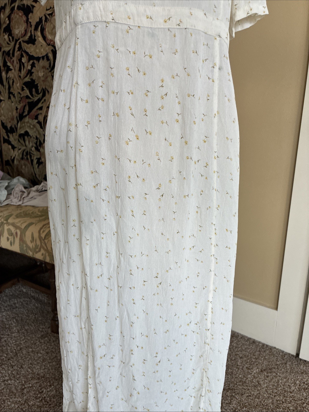 Sacred Threads Maxi Dress Boho Cottage 70s Hippie White Tiny Yellow Daisies