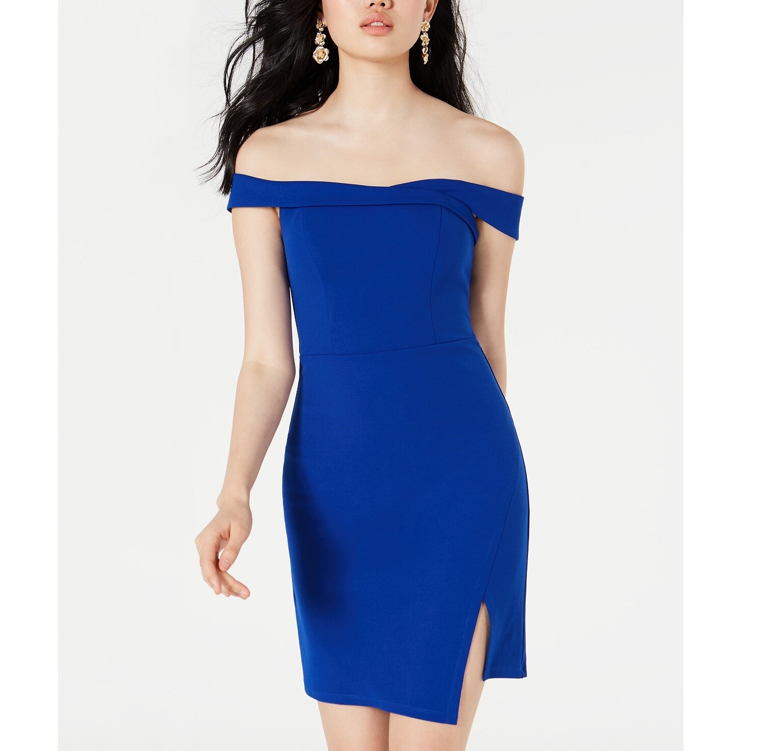 Sequin Hearts Junior Womens 7 Blue Off The Shoulder Unlined Sheath Dress NWT